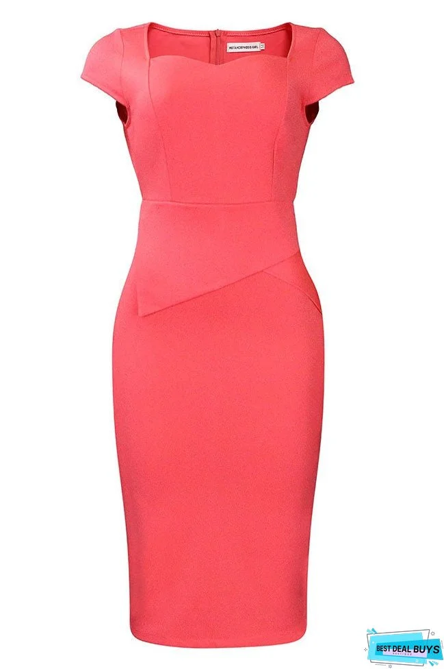 Knee Length Pink Cap Sleeves Midi Dress