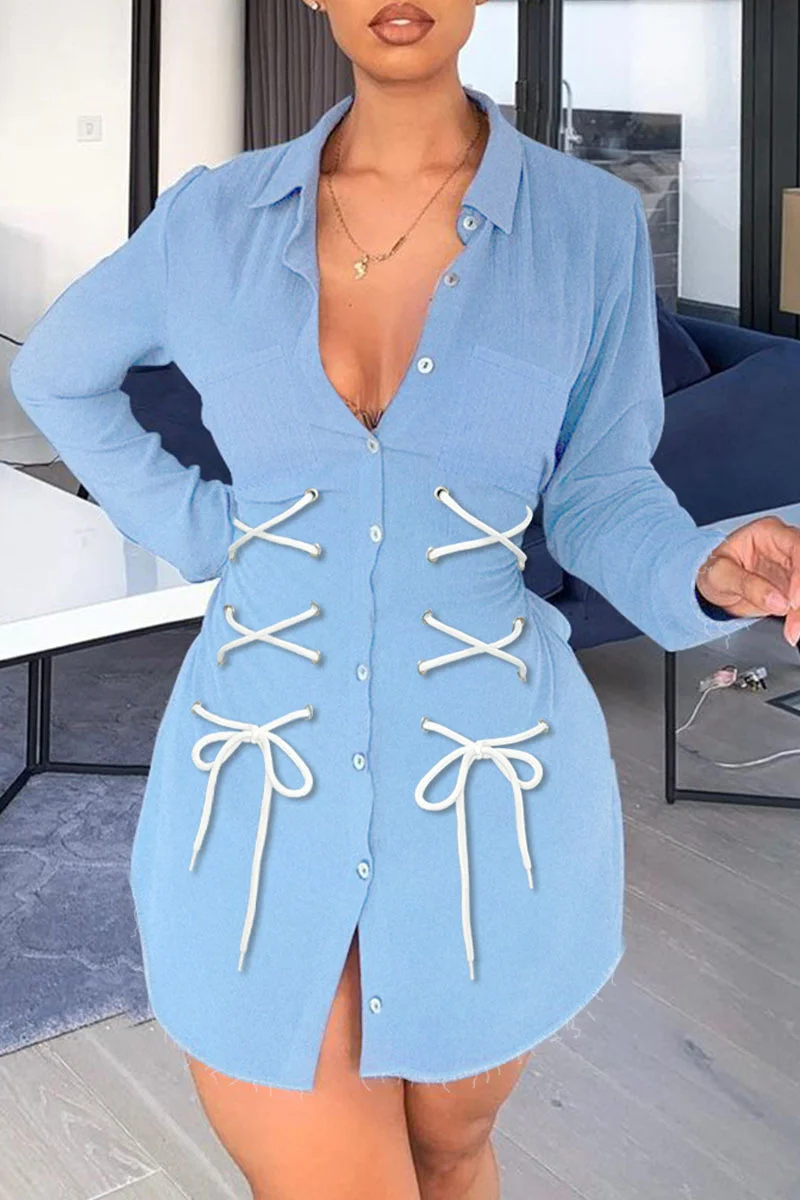 Light Blue Fashion Street Solid Bandage Turndown Collar Long Sleeve Denim Jacket | EGEMISS