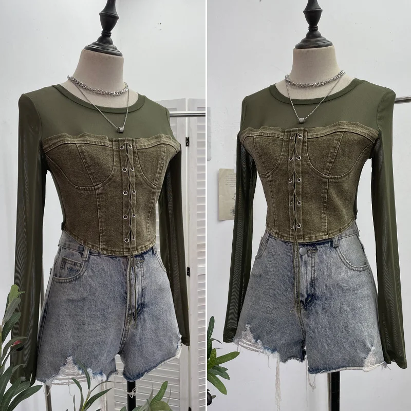 Uveng Real Shooting Denim Splicing Mesh Design Long-Sleeved T-Shirt Wearing Rope Tie Short Repair Body Coat 2638