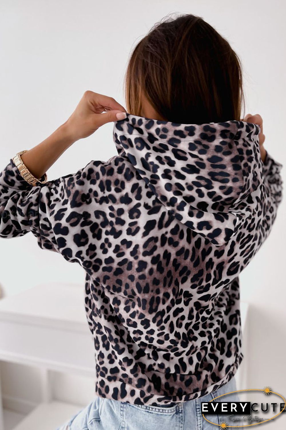 Leopard Print Kangaroo Pocket Pullover Hoodie
