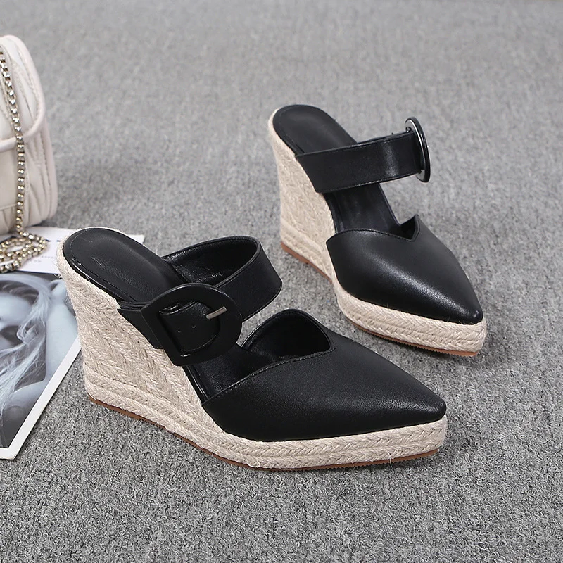 Wongn Wongn Platform New Summer Baotou Drag One Word Button Women's Shoes High Heel Grass Hemp Rope Bottom Large Size Shoes