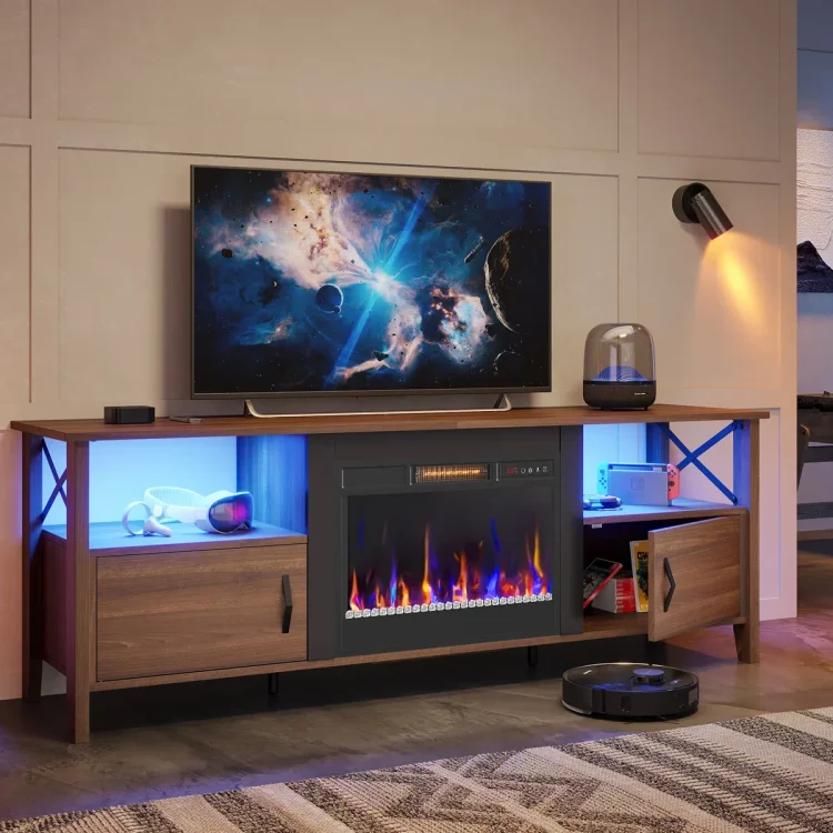 Bestier TV Stand, LED Media Console with Storage, with Electric Fireplace Included , Brown
