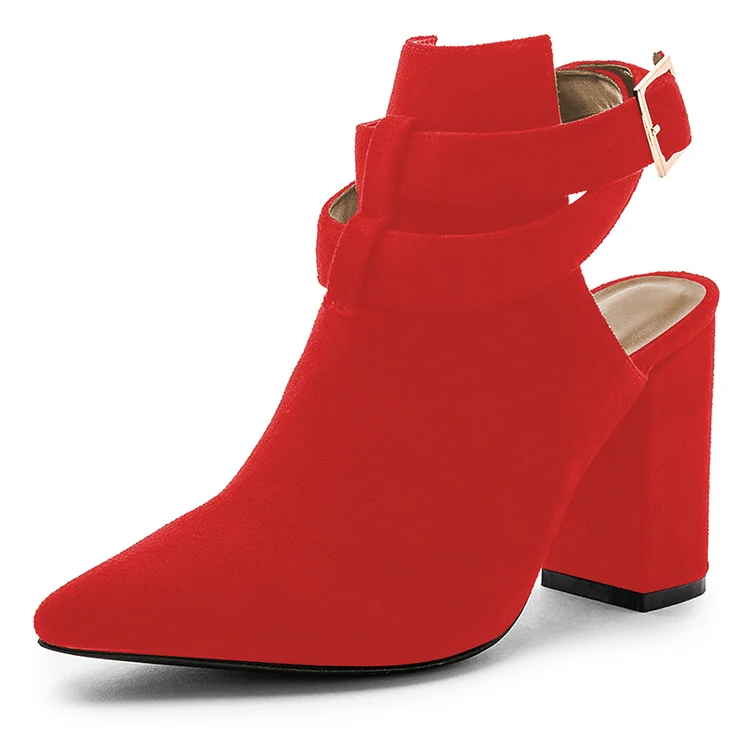 Red Buckle Pointy Toe Chunky Heel Slingback Ankle Boots |FSJ Shoes