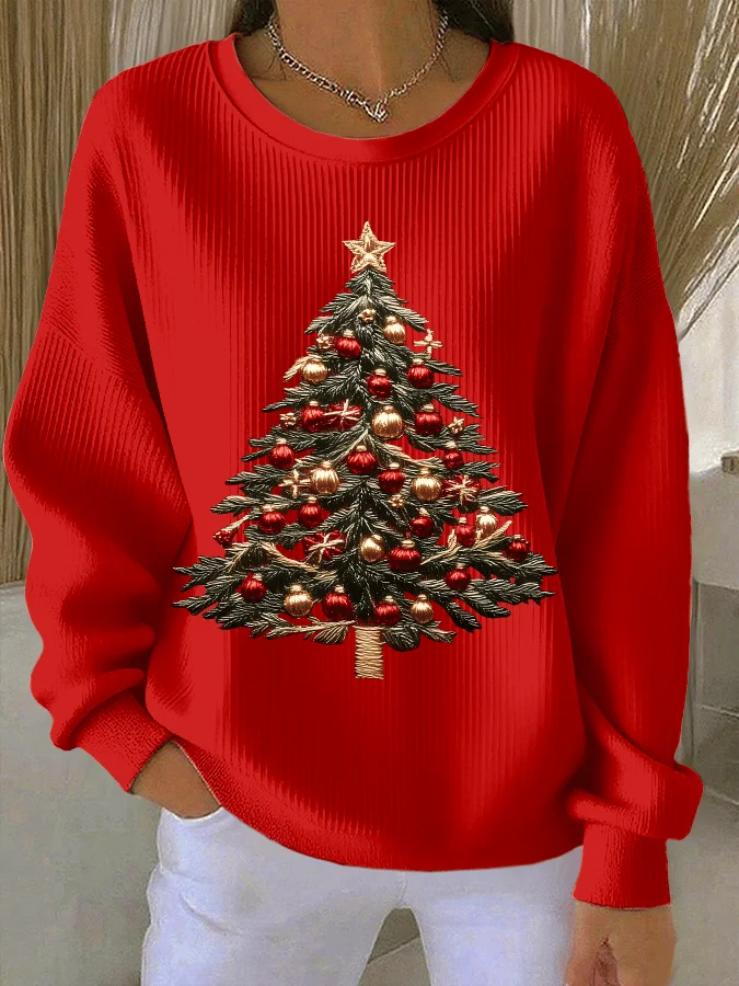 Women's Christmas Tree Print Knitted Crew Neck Long Sleeve Top 