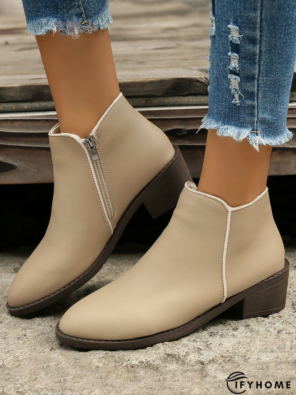 Simple Zipper Pointed Toe Chunky Heel Booties | IFYHOME