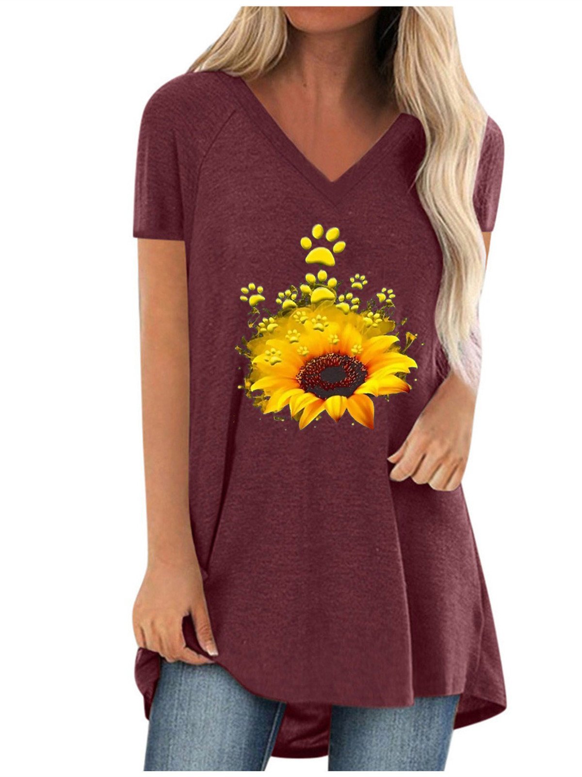 Women Half Sleeve V-neck Solid Color Dress