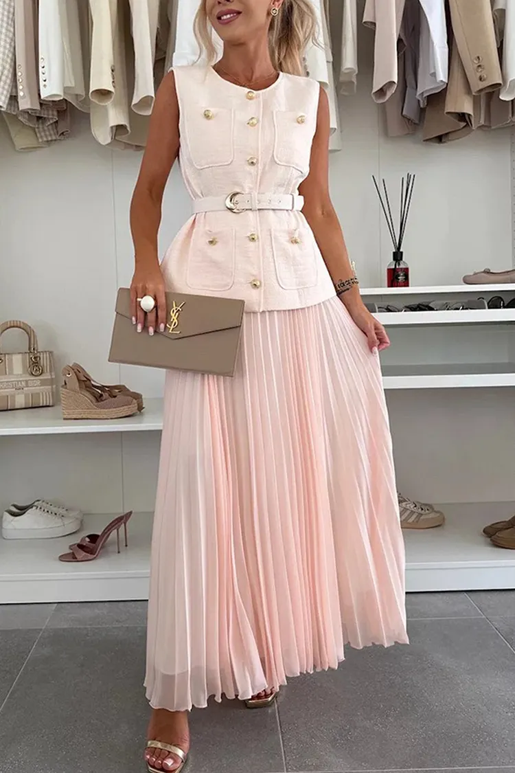 Button-down Tank Top Mesh Pleated Skirt Set