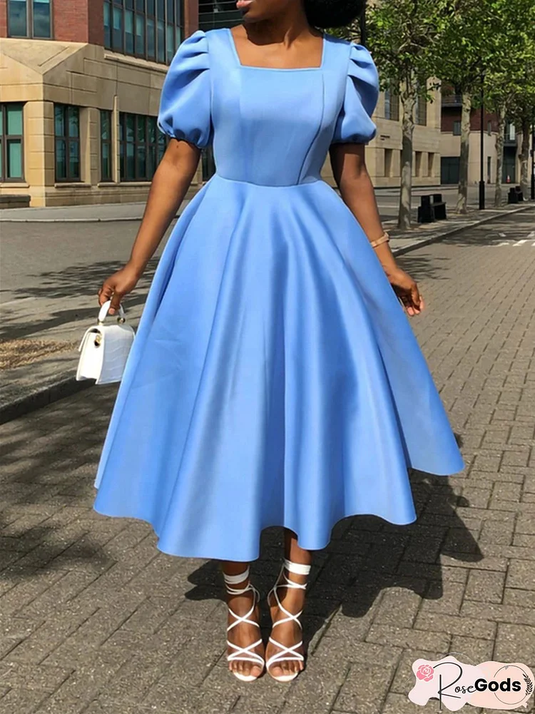 Short Sleeve Pleated Solid Color Large Skirt Evening Dress