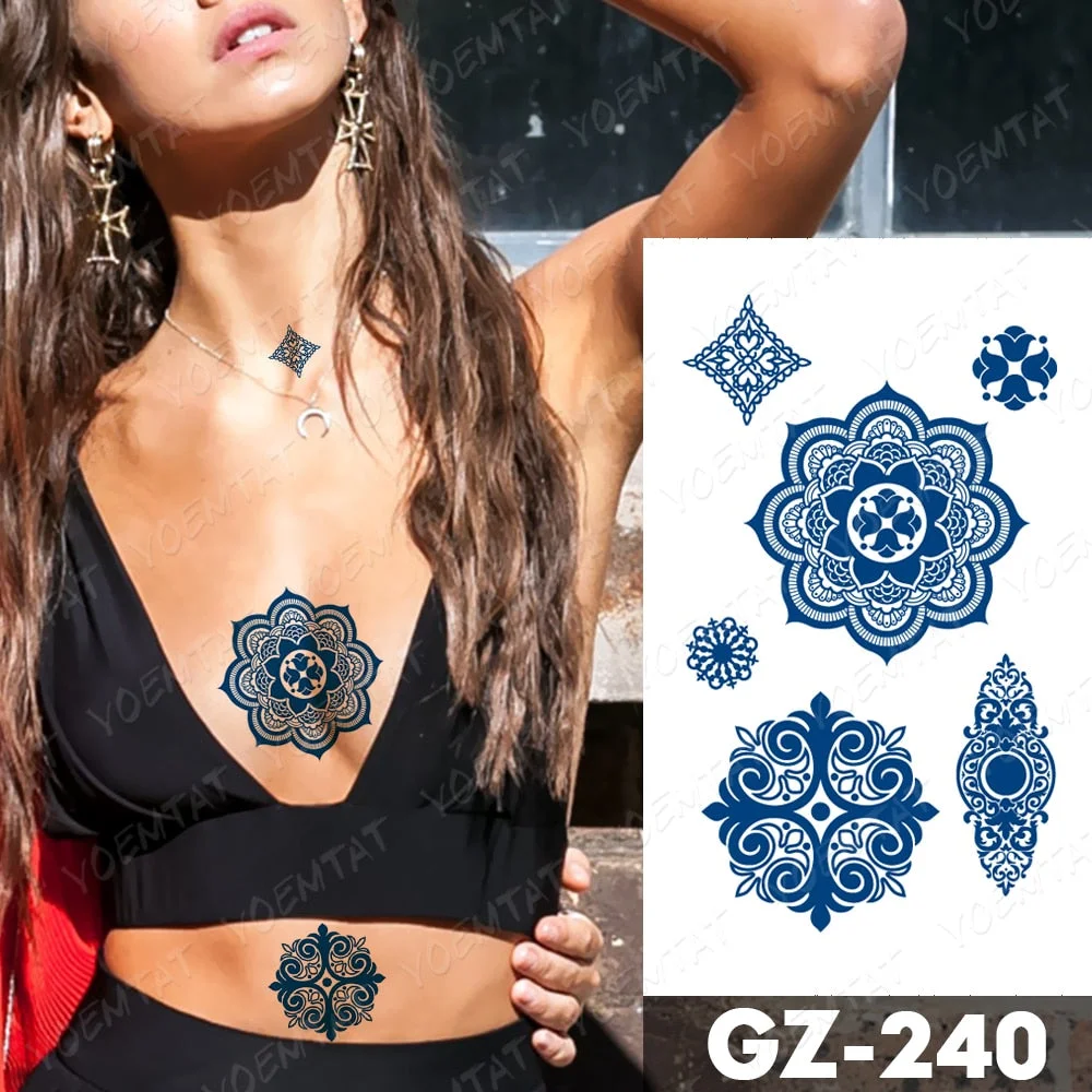 Juice Lasting Waterproof Temporary Tattoo Stickers Lotus Totem Flower Mandala Flash Tattoos Ink Fatima Hand Body Art Fake Tatto