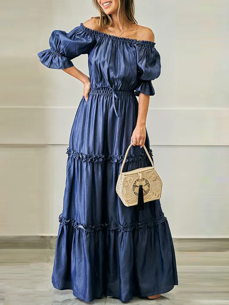 Casual Plain Off Shoulder Half Sleeve Frill Trim Maxi Dress