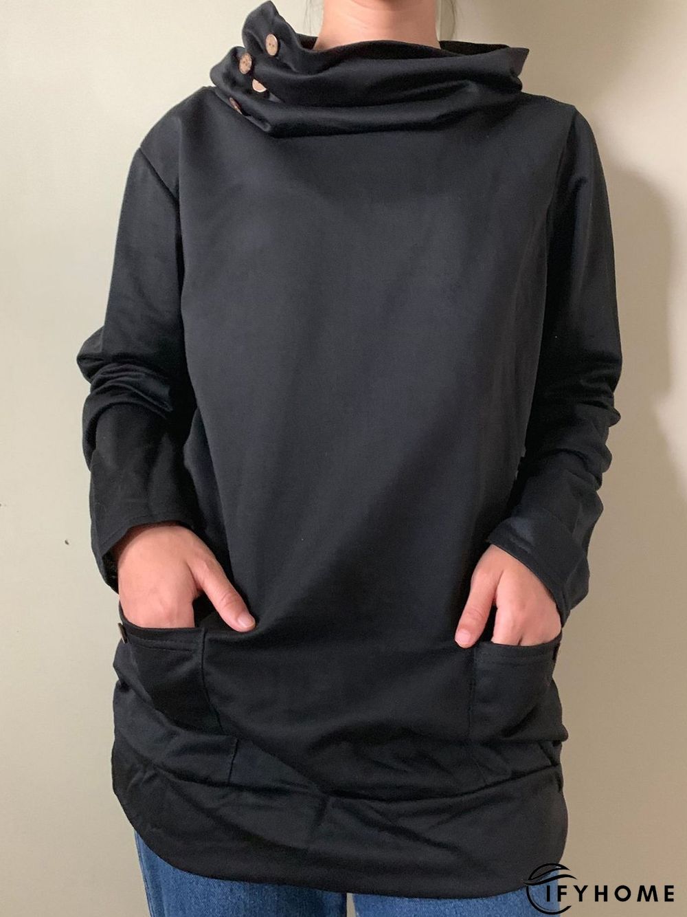 Vintage Plain Long Sleeve Buttoned Cowl Neck Plus Size Casual Sweatshirts | IFYHOME