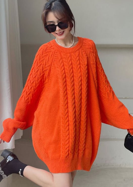 diy Orange O-Neck cozy Knitted Dress Winter CK1287- Fabulory