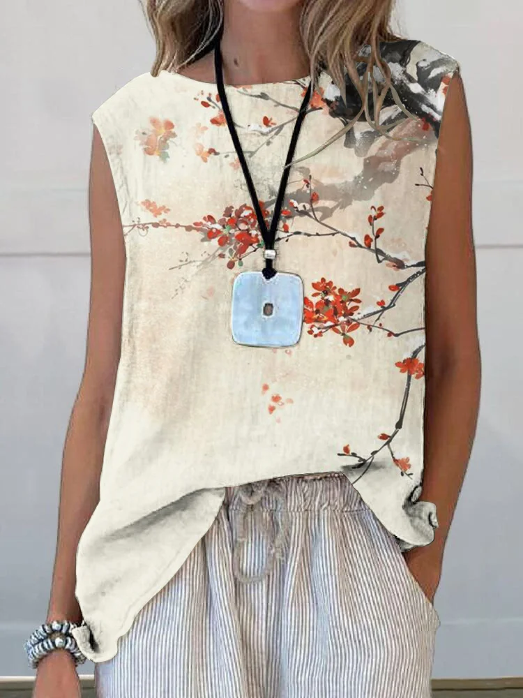 Vintage Floral Art Printed Casual Sleeveless Top