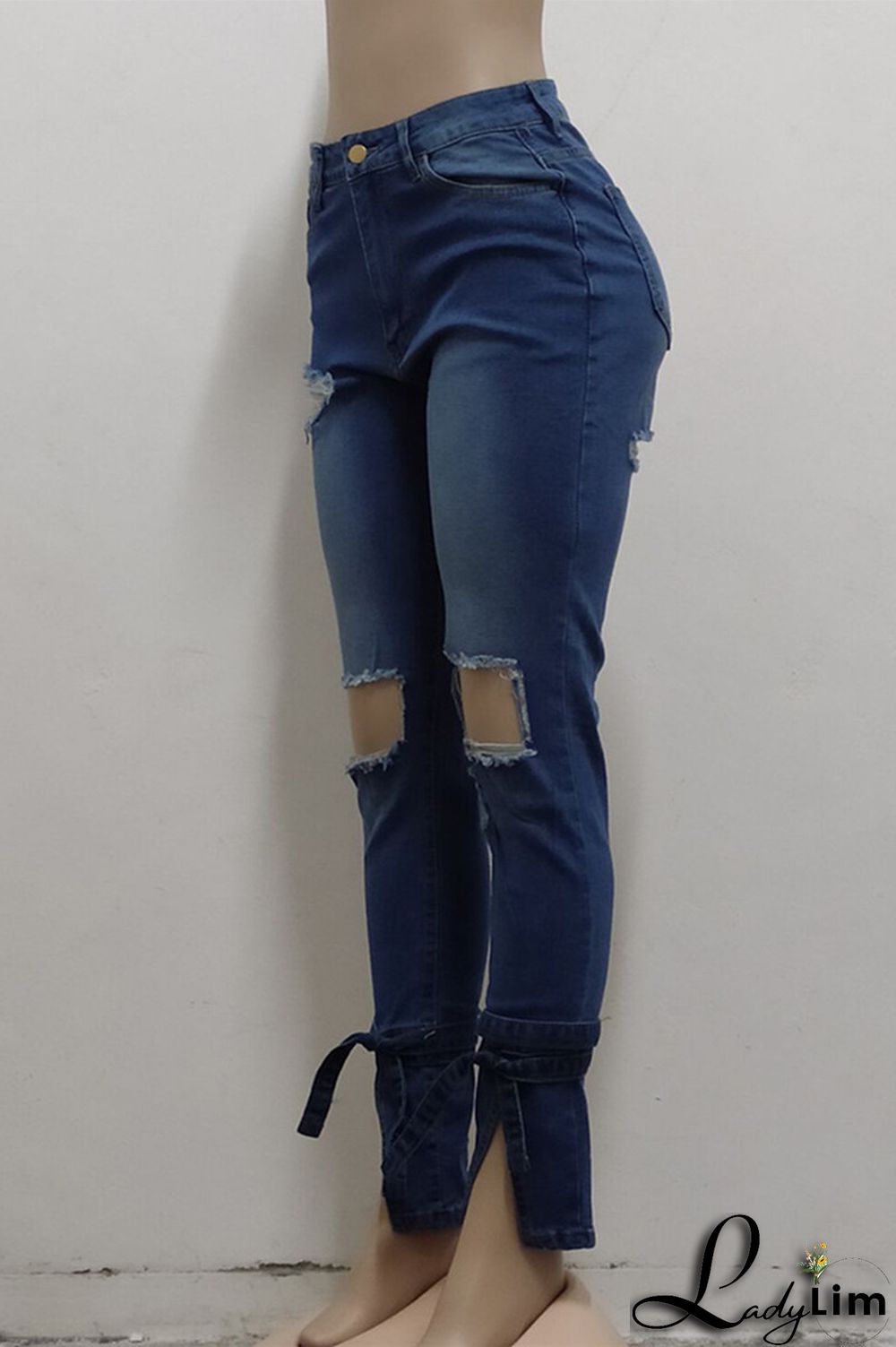 Blue Fashion Casual Solid Ripped Slit Mid Waist Regular Denim Jeans
