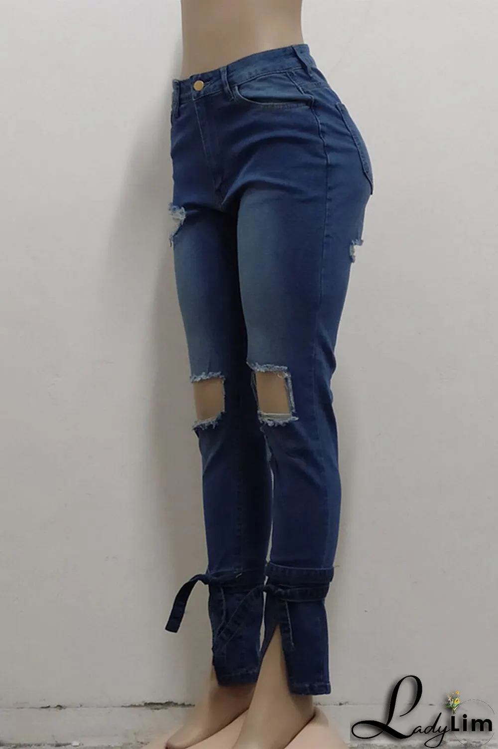 Blue Fashion Casual Solid Ripped Slit Mid Waist Regular Denim Jeans