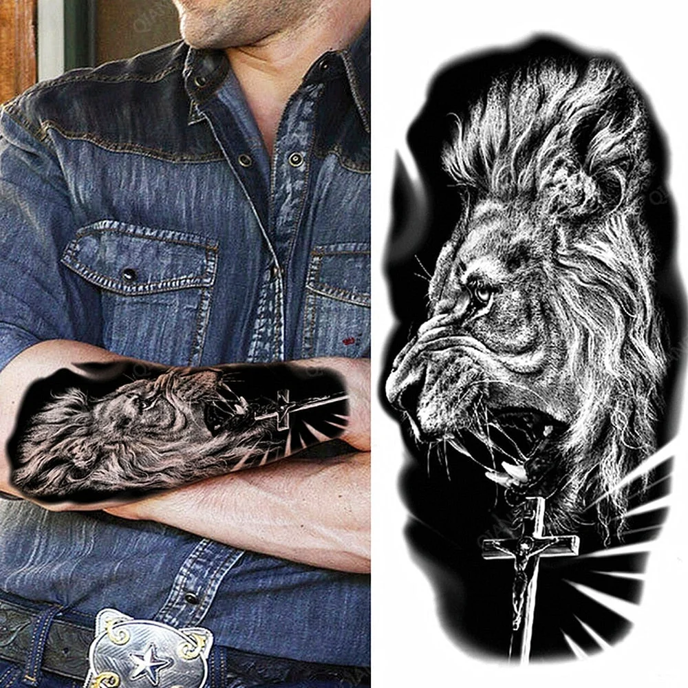 1pc Animal Lion Women Waterproof Temporary Tattoos Fake Stickers Arm Sun Art Black Cross Jesus 3D Praying Fashion Decoration