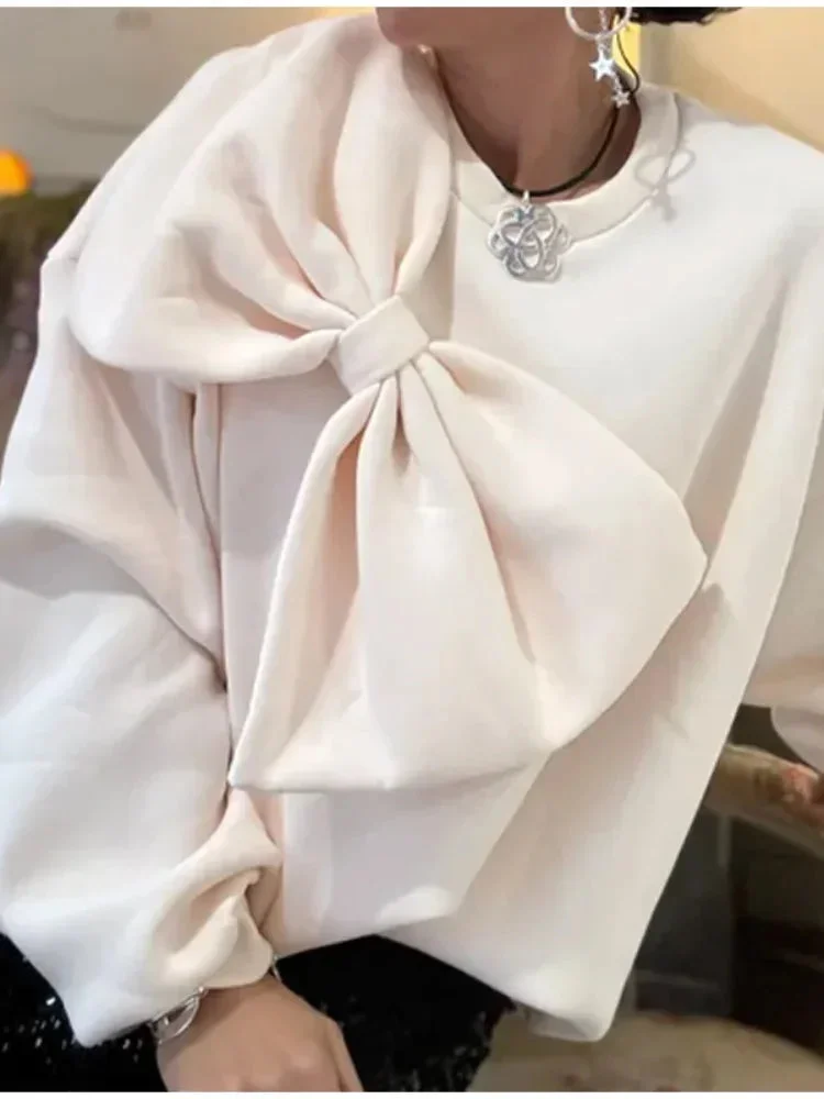 Huiketi Bow O-neck Women Top 2024 Spring Fashion Casual Solid Long Sleeve Sweatshirt Pullover Elegant Loose Trend Female Clothing