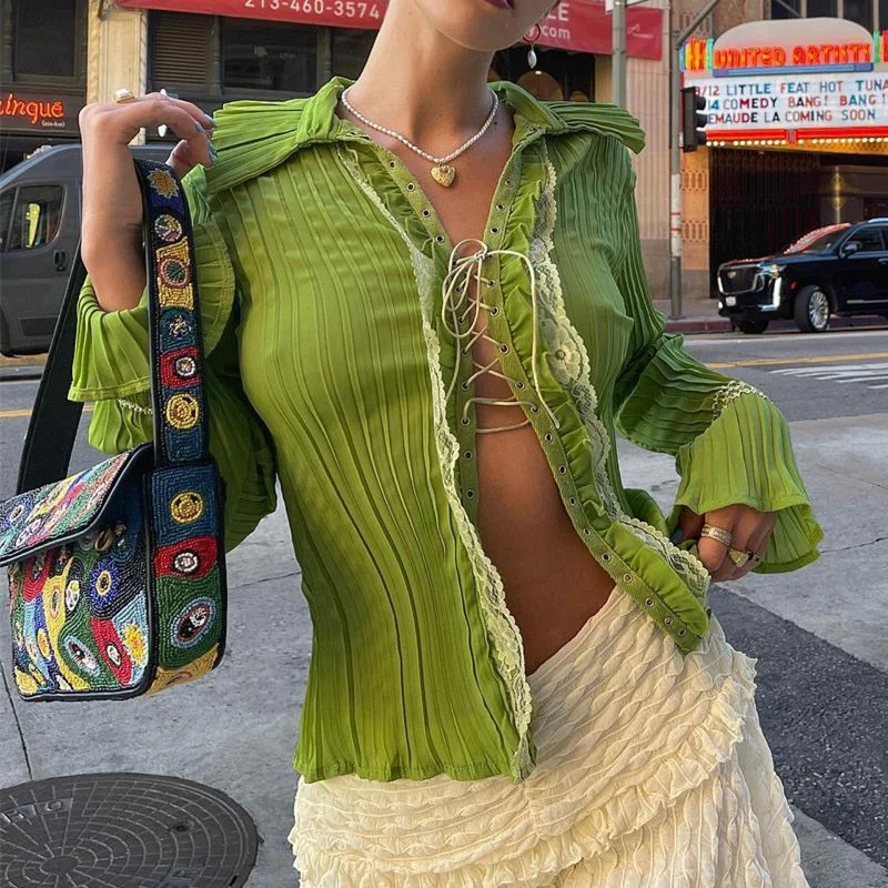 Pleated Shirt Y2k Aesthetic Women Green Flared Long Sleeve Tops Grunge Fairycore Ruffles Lace Clothes Streetwear