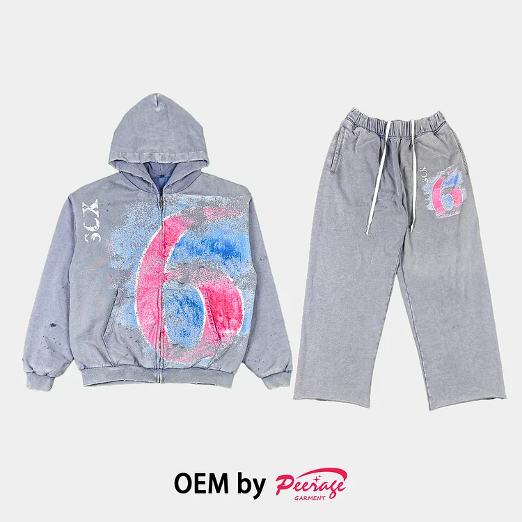 Custom Oversized Print Faded Sweatpants And Hoodie Set