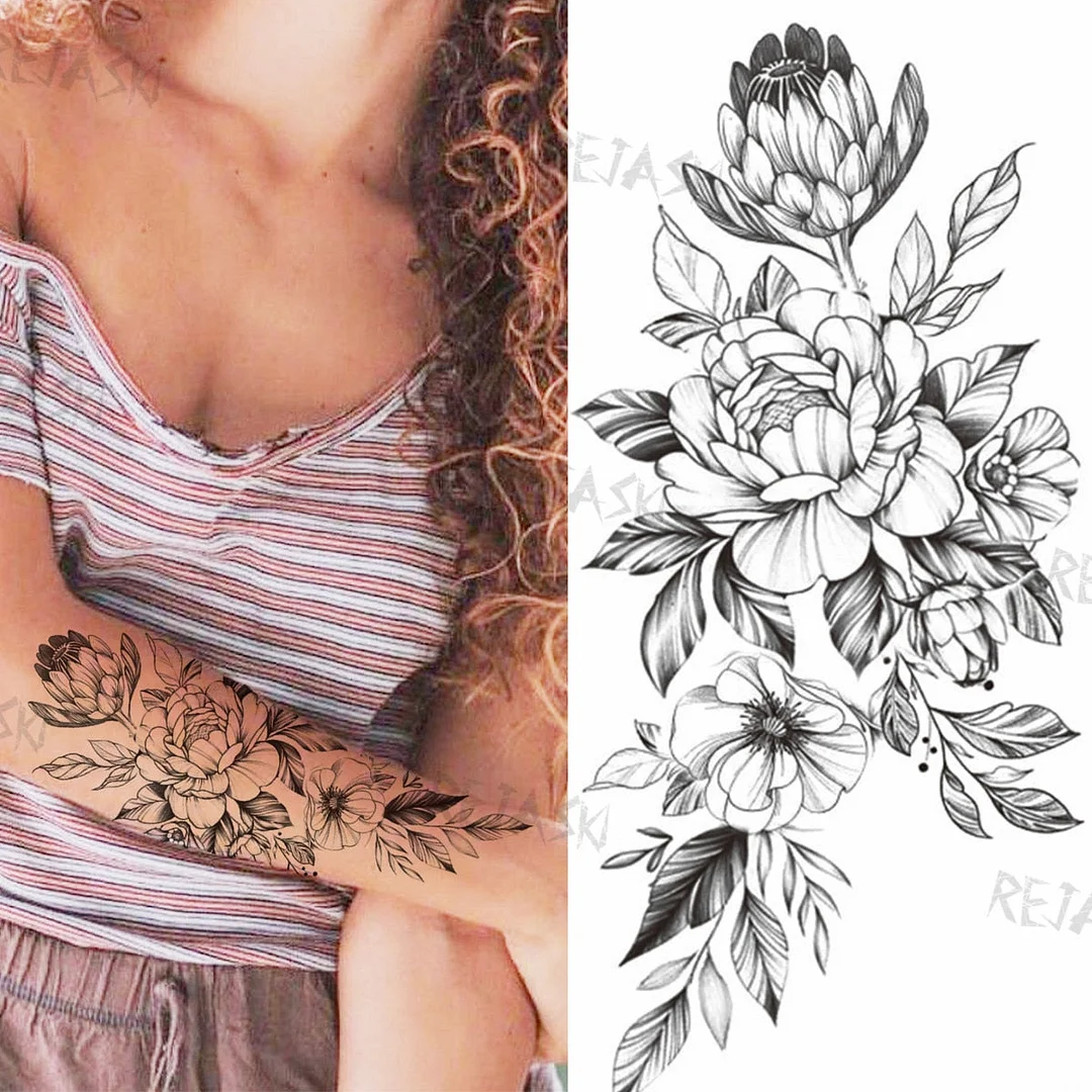 Sexy Snake Flower Fake Temporary Tattoo For Women Black Sunflower Tattoos Bloosom Big Daisy Camellia Water Transfer Tatoos Legs