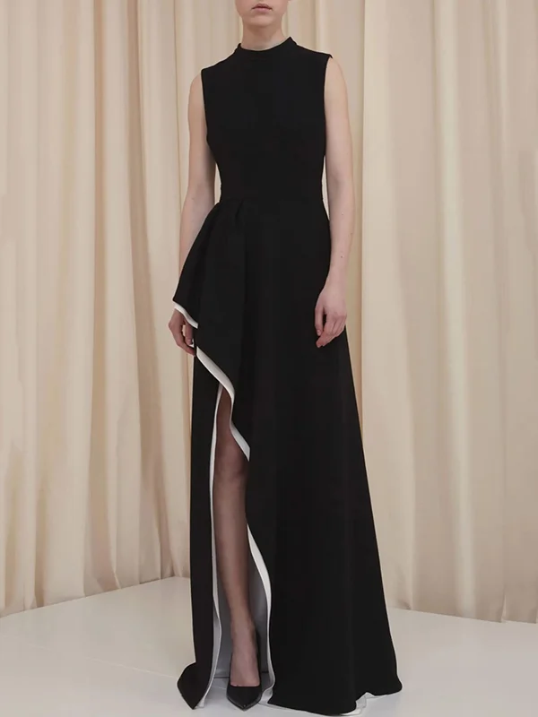 Contrast Color Sleeveless Skinny Round-Neck Maxi Dresses