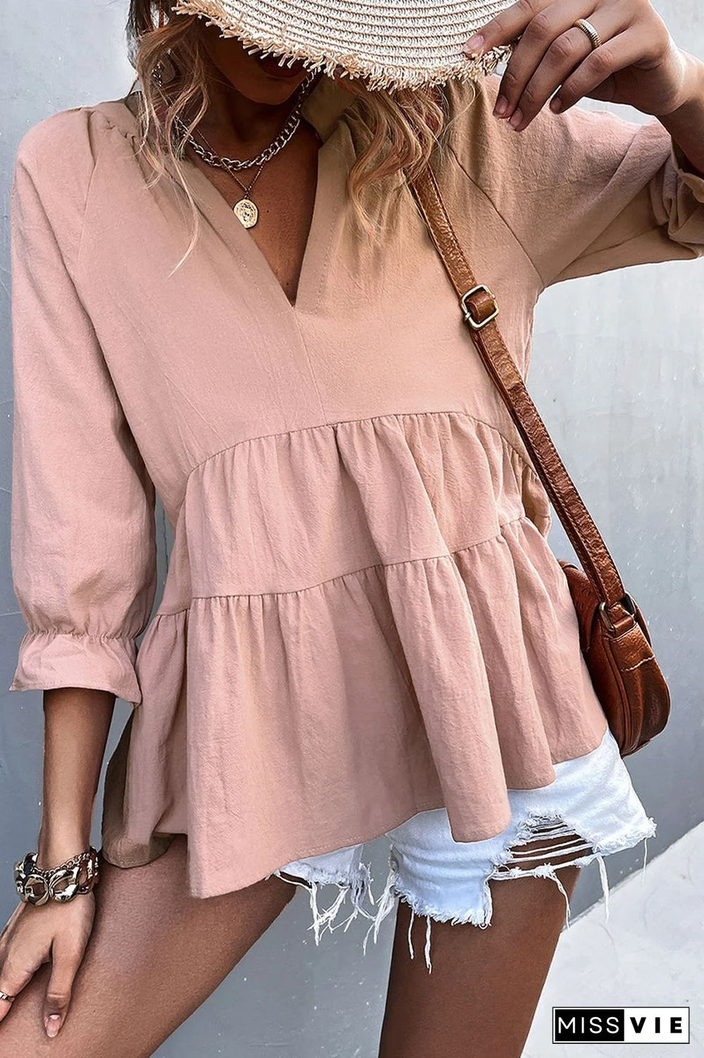 Casual Solid Flounce Fold V Neck Tops(5 Colors)