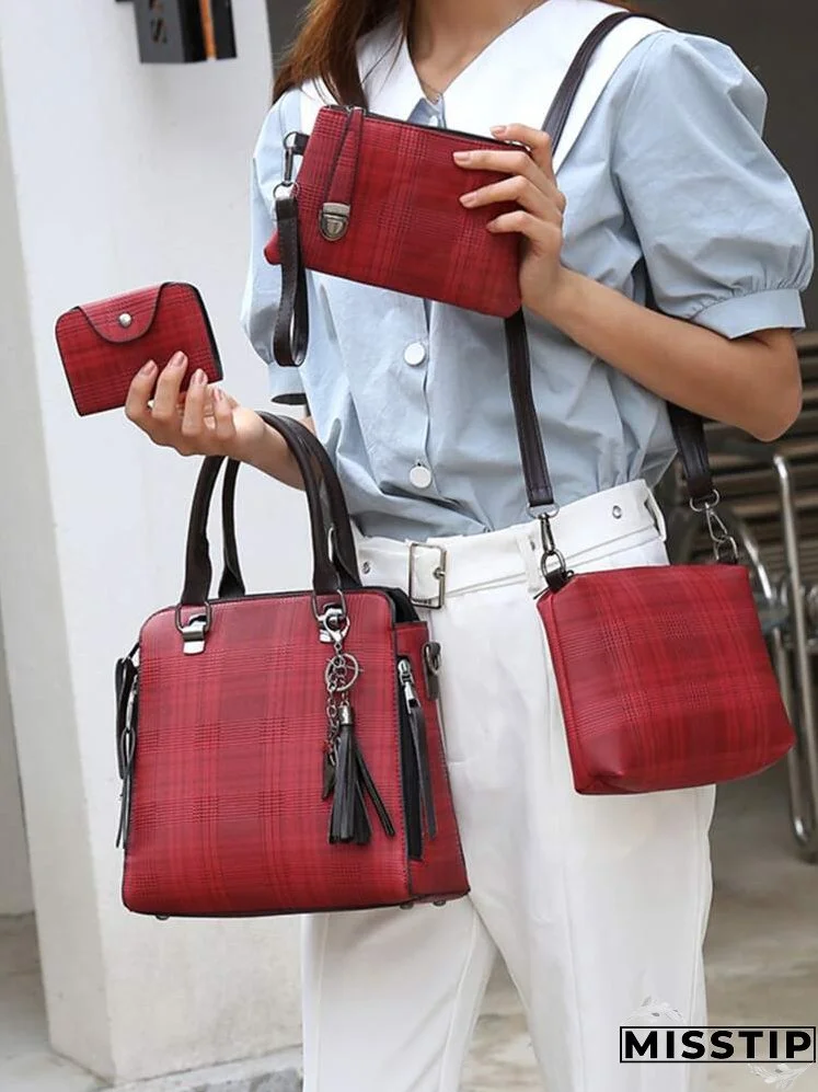 4pcs Colorblock Plaid Tassel Decor Tote Bag Set