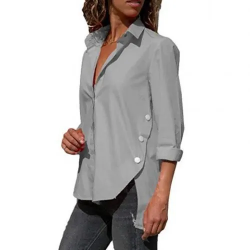 Women Casual Turn Down Collar High-low Hem Side Buttons Decor Plus Size Shirt suitable for travel daily Loose style plus size