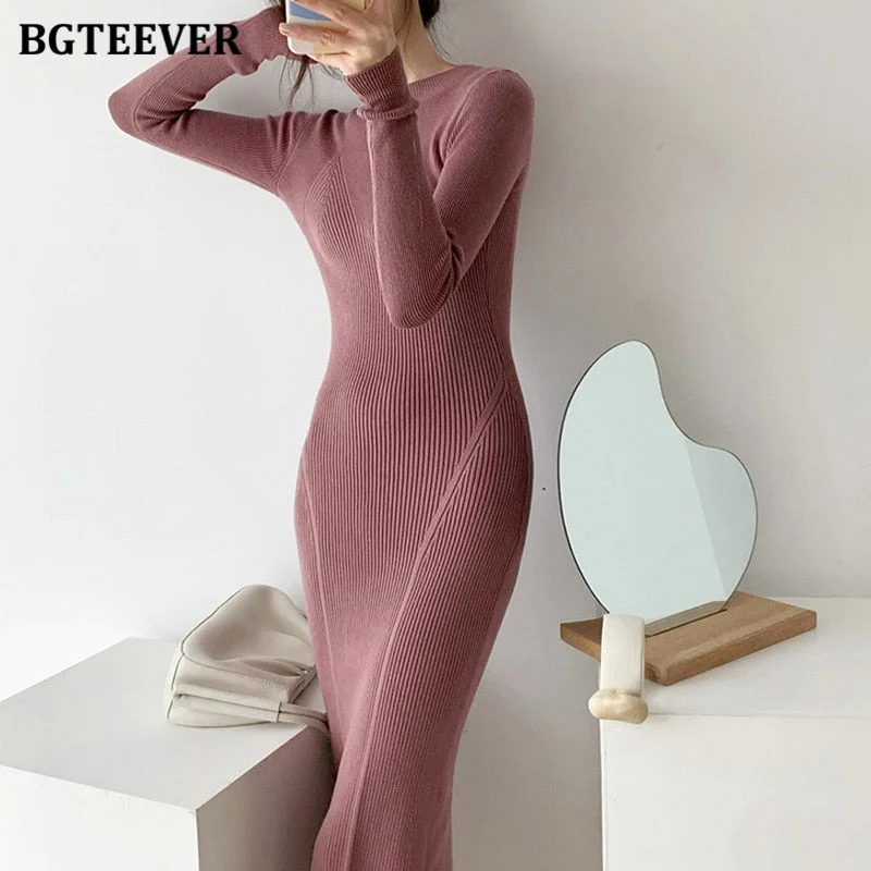 BGTEEVER O-neck Slim Sweaters Bodycon Dress for Women 2021 Autumn Winter Knitted Vestidos Femme Full Sleeve Midi Female Dress