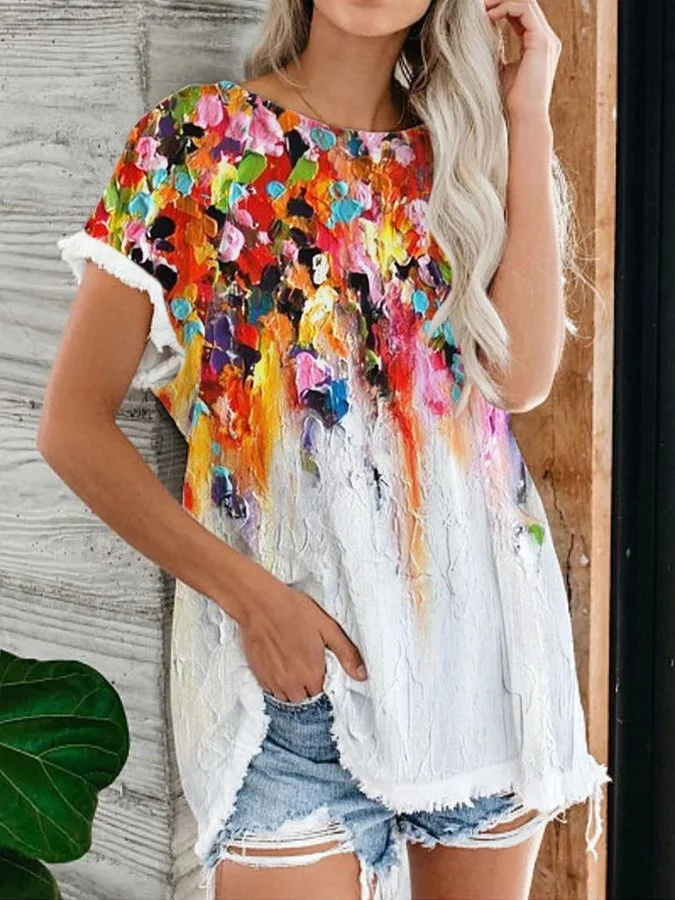 Women's Color Oil Painting Fringe Top