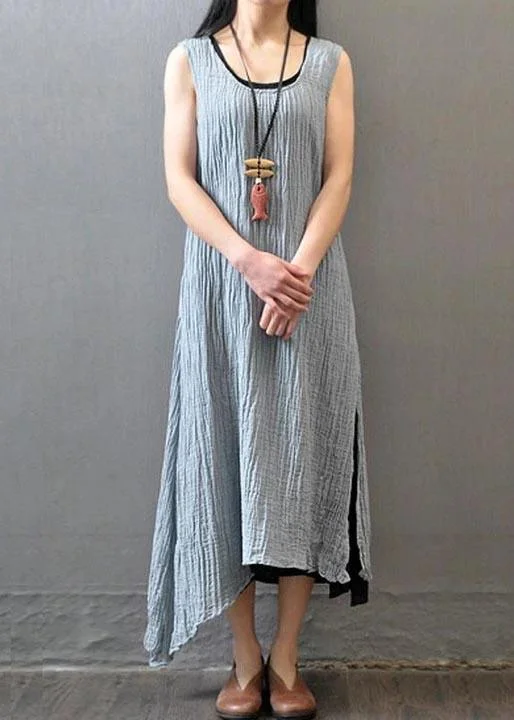 Bohemian Linen Gray Outfit Fashion Summer Women Wrinkled Sleeveless Dress