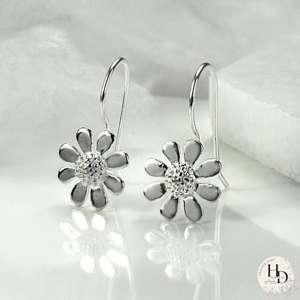 Fashion Simple 925 Sterling Silver Botanical Daisy Pendant Earrings Long Flower Dangle