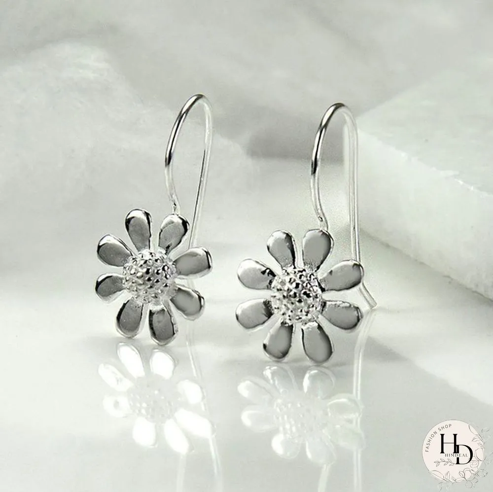 Fashion Simple 925 Sterling Silver Botanical Daisy Pendant Earrings Long Flower Dangle