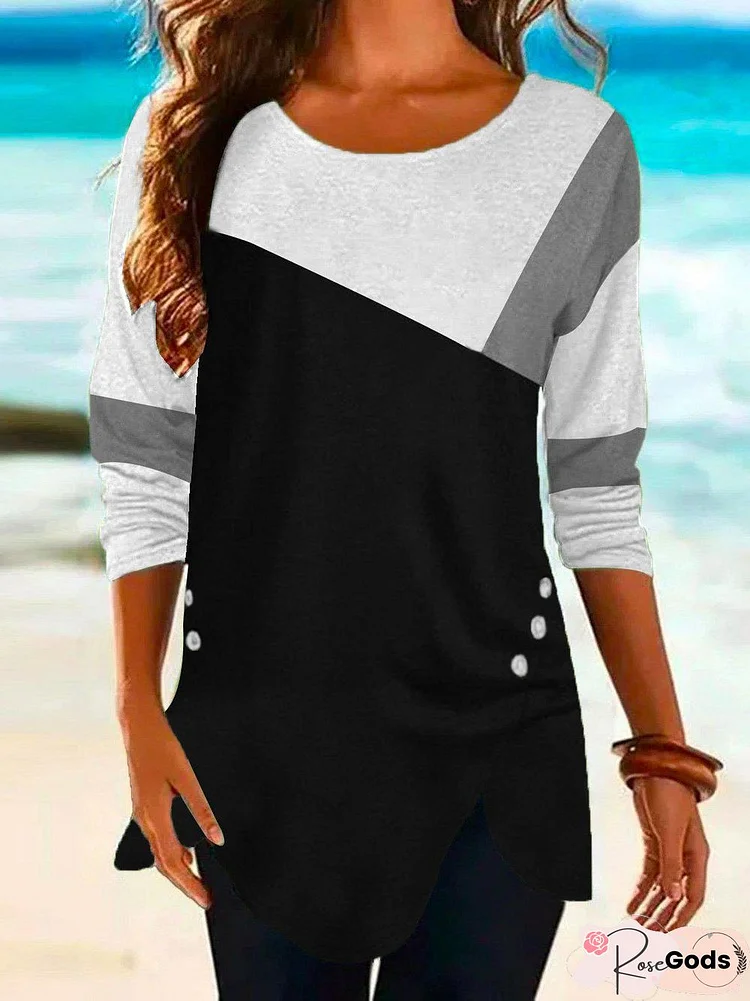 Color Block Loosen Crew Neck Tops