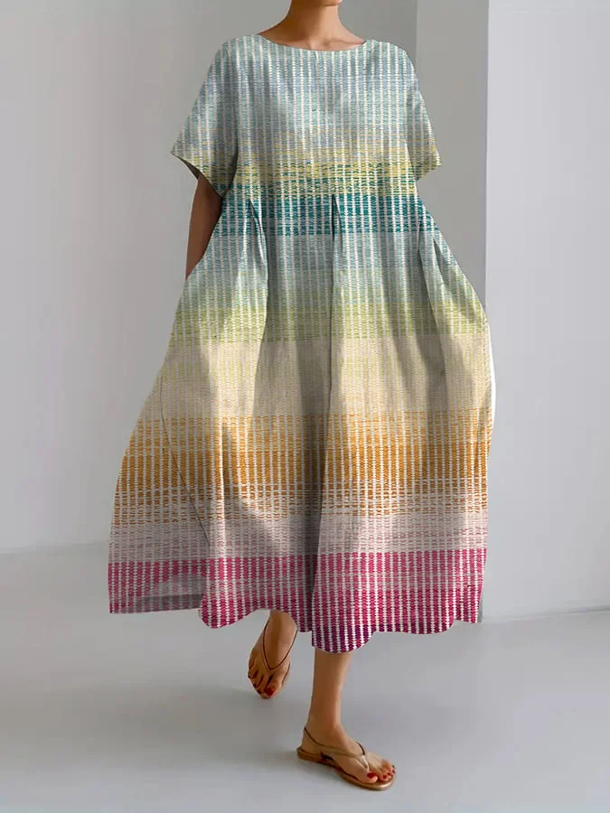 Women's Retro Striped Design Printed Casual Loose Dress