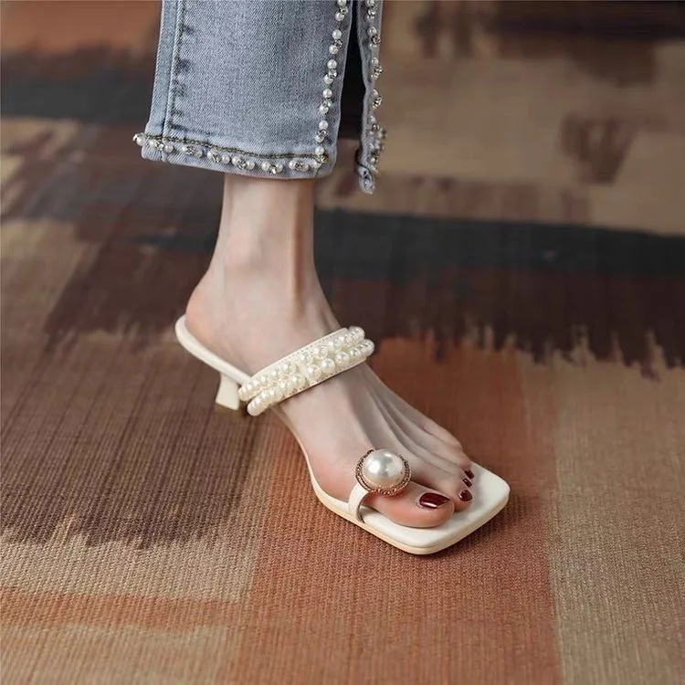 Tanguoant Tanguoant Women Wear 2024 New French Fairy Pearl Square Set Toe Thin Heel Sandals
