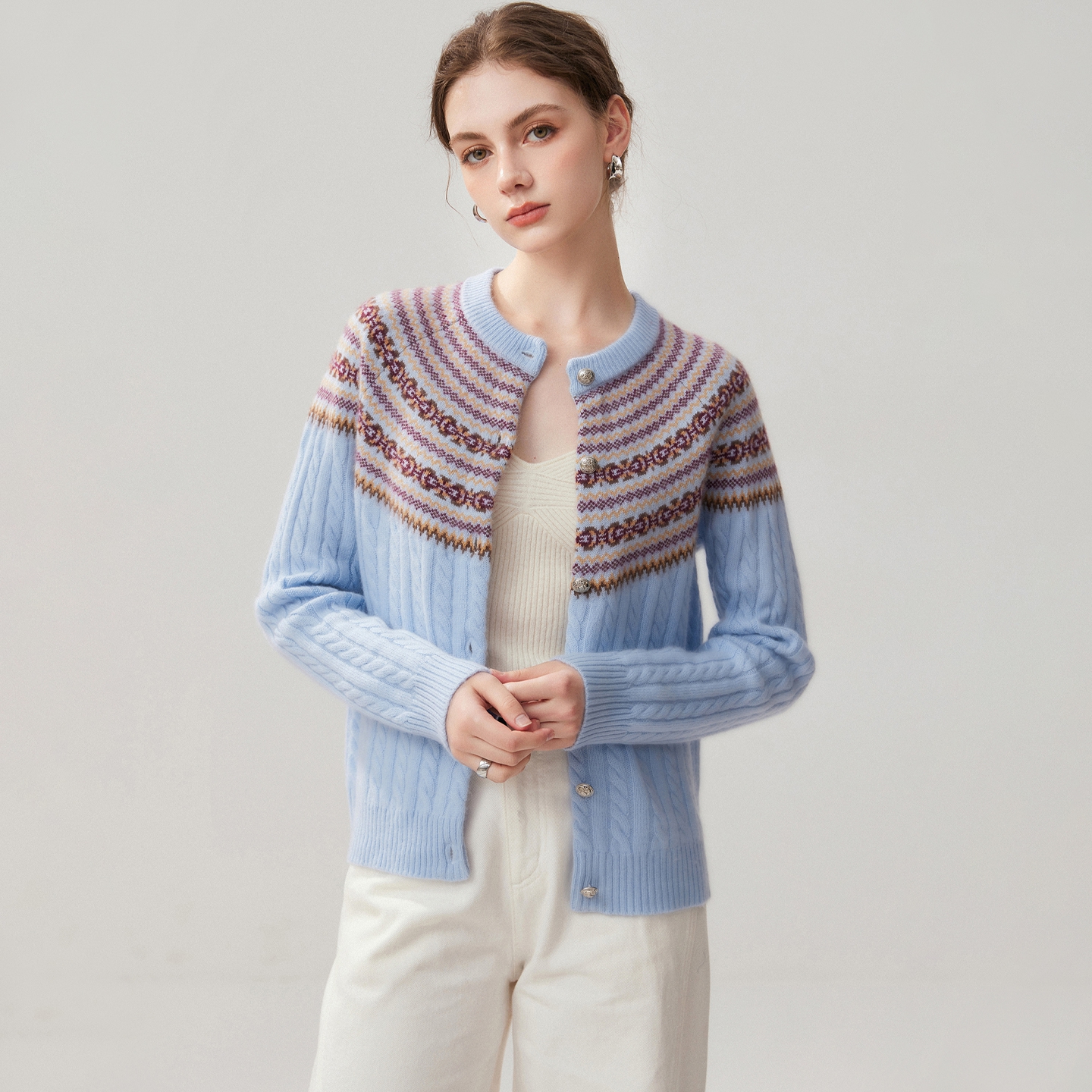 Women's Baby Cashmere Cardigan Regular Fit Fair-Isle Yoke Crew Neck REAL SILK LIFE