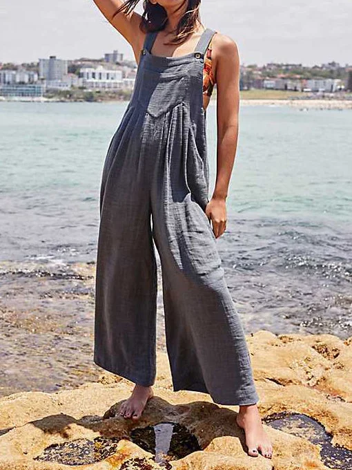 Women's Linen Pure Color Pocket Jumpsuit