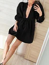 Plain Deep V-Neck Puff Sleeves Loose Casual Mini Dress