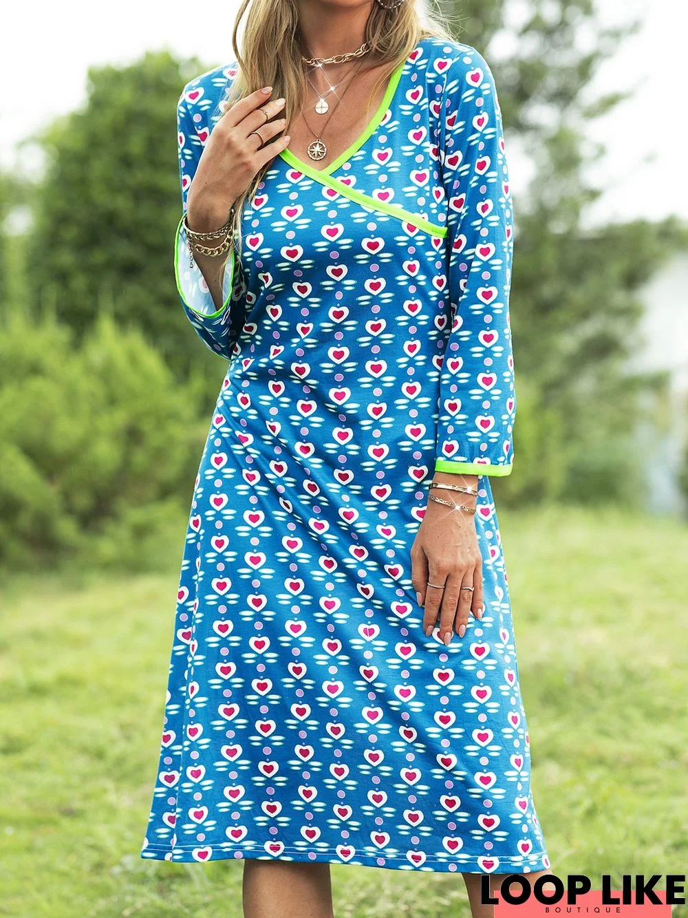 Purplish Blue Long Sleeve Floral-Print Knitting Dress