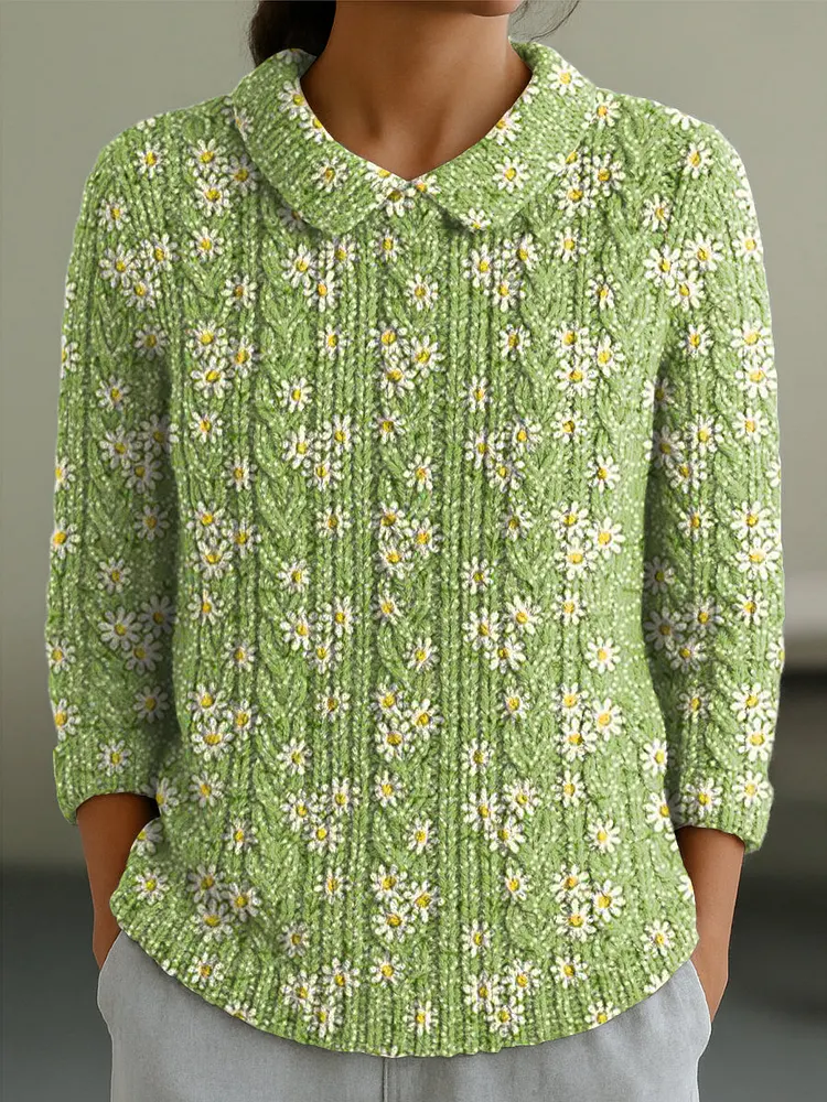 Women's Beautiful Floral Painting Art Print Casual Peter Pan Collar 3/4 Sleeve Sweater