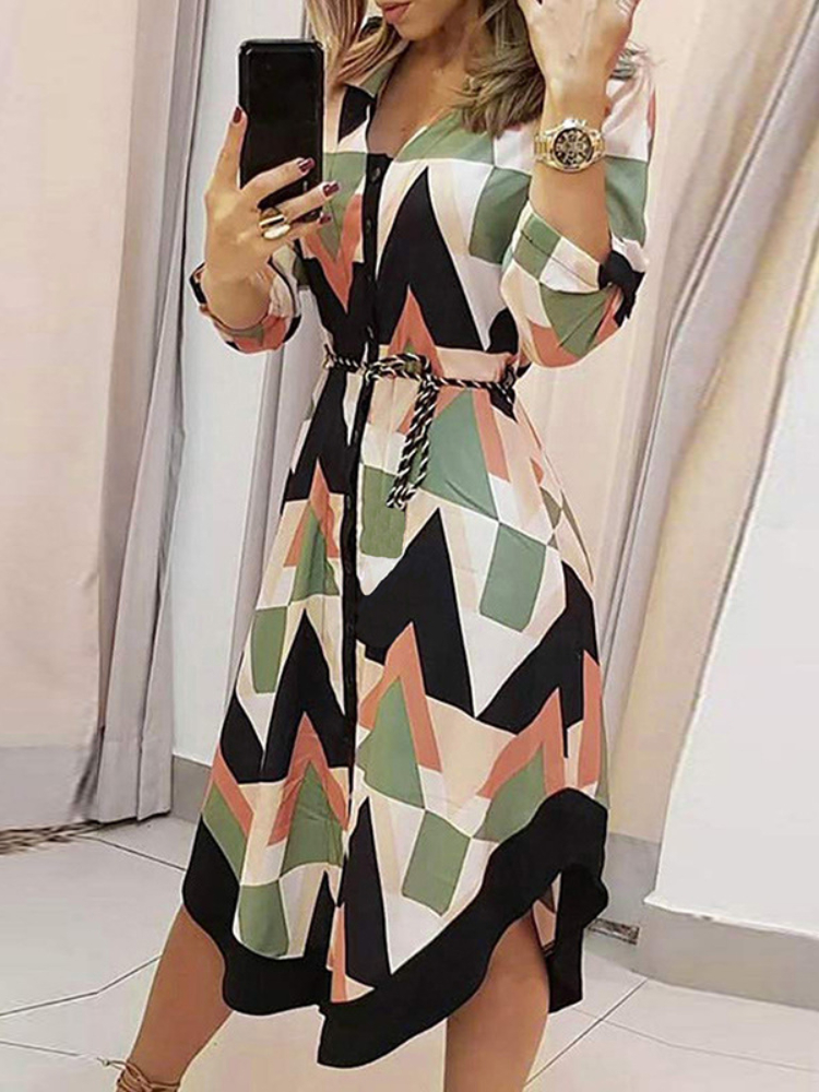 Repotas Women Dress Mid Length Dresses Print Plaid Turn Down Collar Full Sleeve A Line Tight High Waist Elegant Splice Summer Vestidos