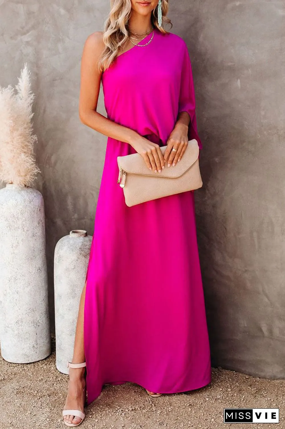 Fashion Street Solid One Shoulder A Line Dresses