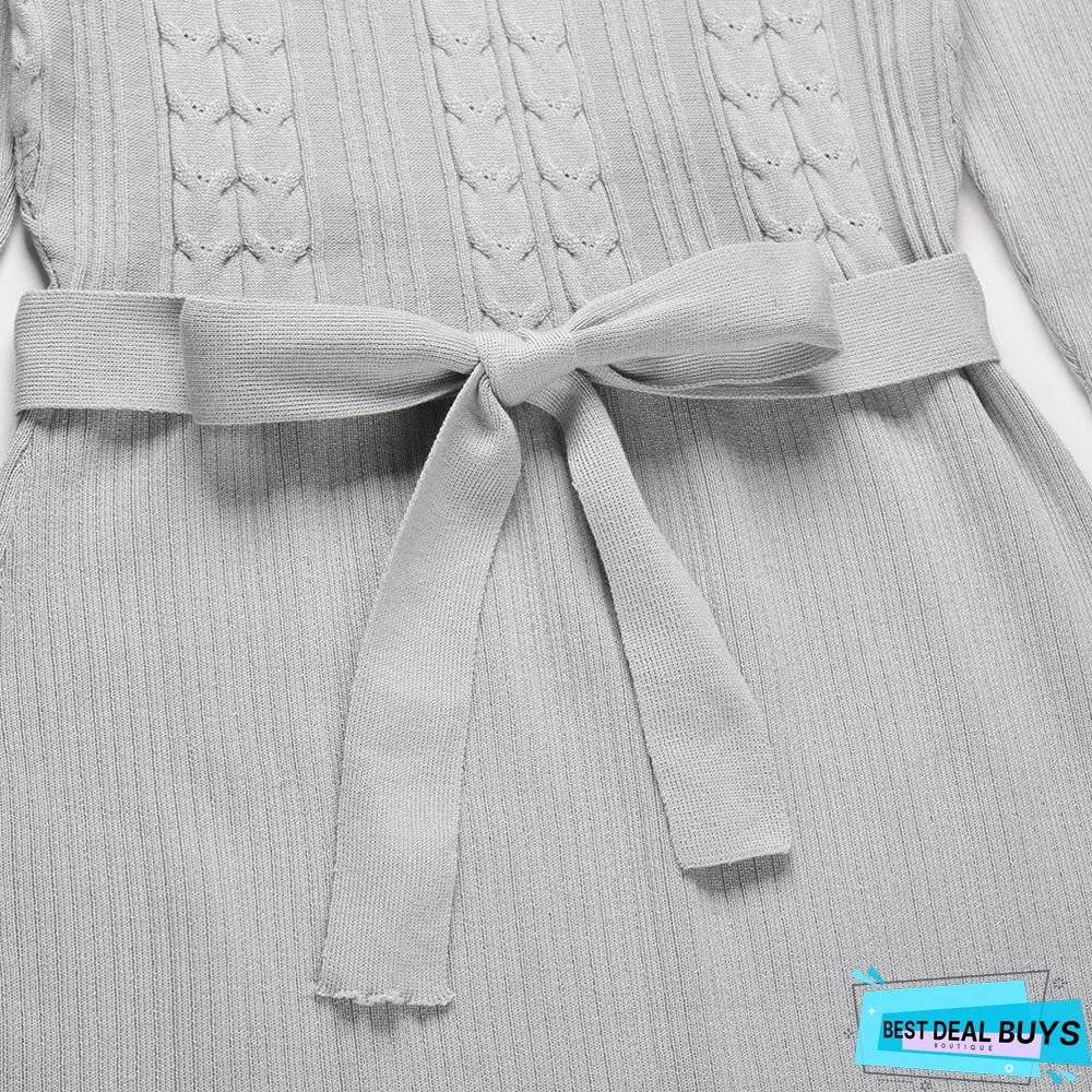 Bubble Long Sleeve Knitted Skirt Medium Long Wool Dress Black Dresses