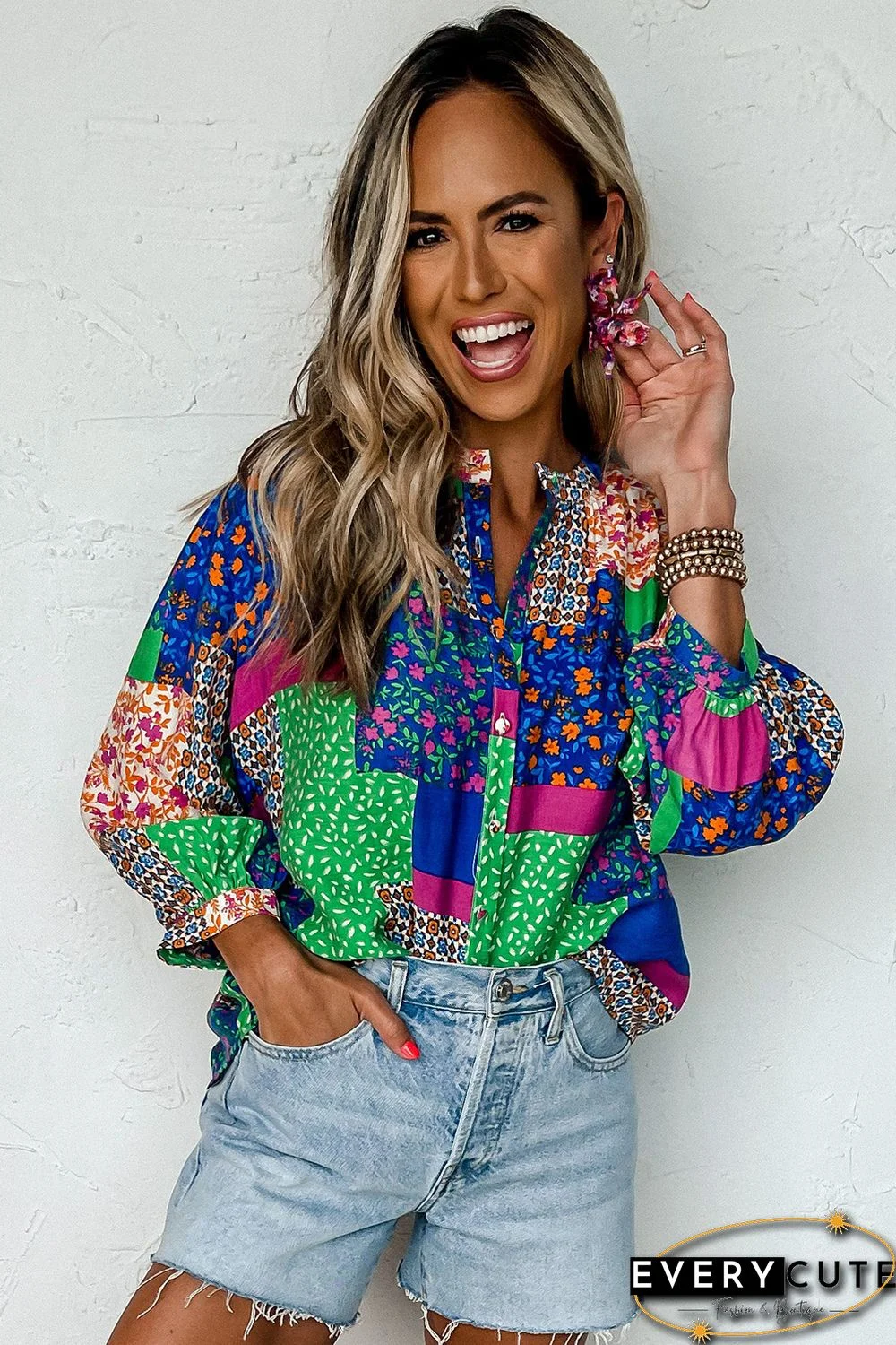 Multicolor Floral Patchwork Print Buttoned Puff Sleeve Shirt
