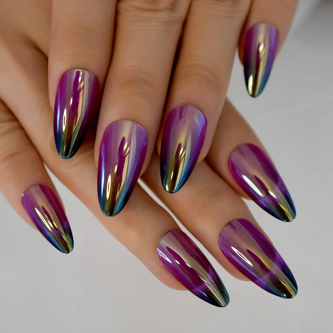 Translucent Specular Black Top Fadeing Nail Art Medium Almond Sharp Pre Designs Party Nail Tips False Nails Purple Fake Nail Set-Nail Inspo