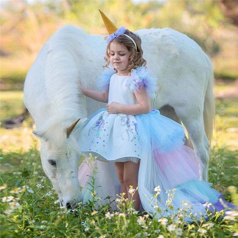 Christmas Girls Unicorn Dress With Long Tail + Hairband Girl Princess Birthday Party Ball Gown Kids Horse Clothes Dress For Girl