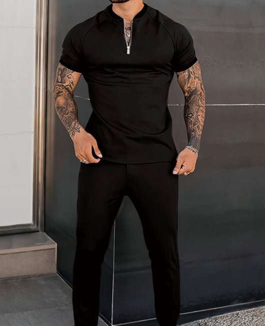 Stand Collar Zip Contrast Trim Shirt & Solid Pants
