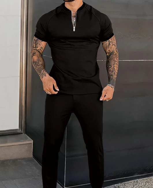 HiBoyz_Stand Collar Zip Contrast Trim Shirt & Solid Pants