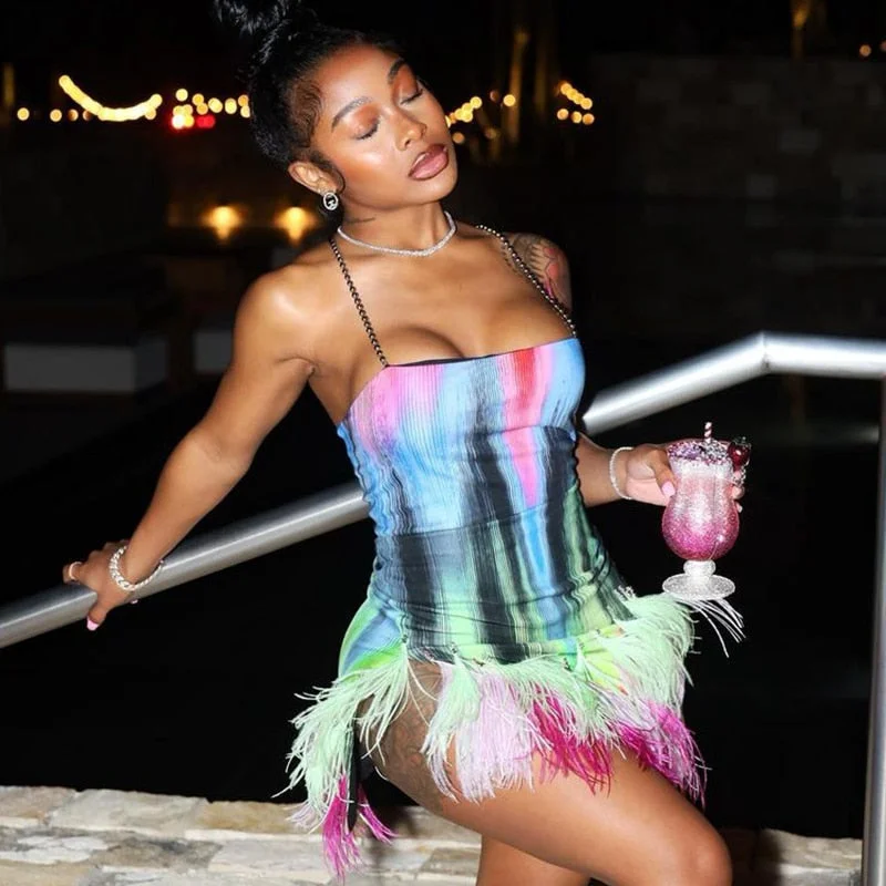 BIIKPIIK Tassel Stitching Halter Mini Party Dress Female Sleeveless Square Collar Bodycon Printing Hot Fashion Evening Dresses